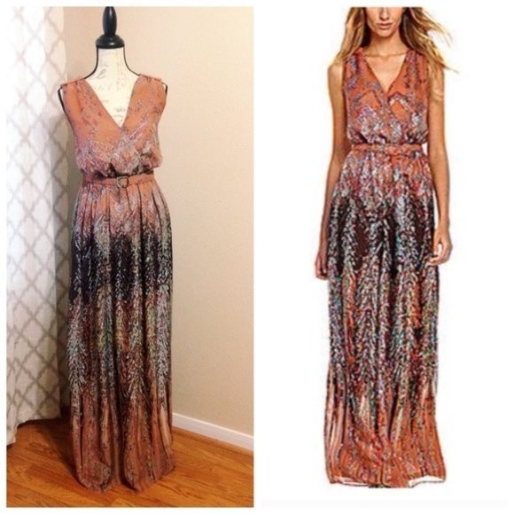 Chelsea & Violet Boho Maxi Dress Rust Orange V-Neck Belted Photoshoot M - Picture 1 of 8